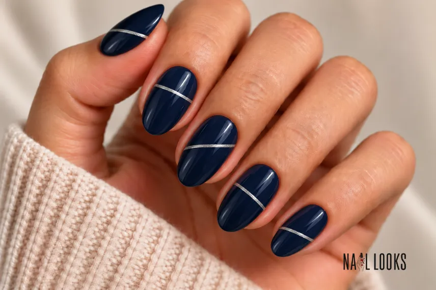 navy nails with offset silver lines
