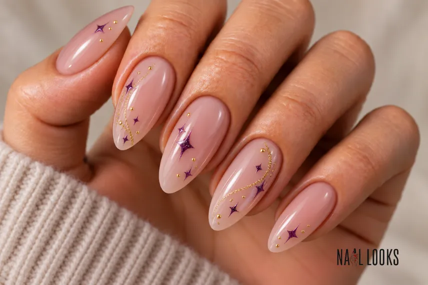 nude nails with tiny purple and gold details