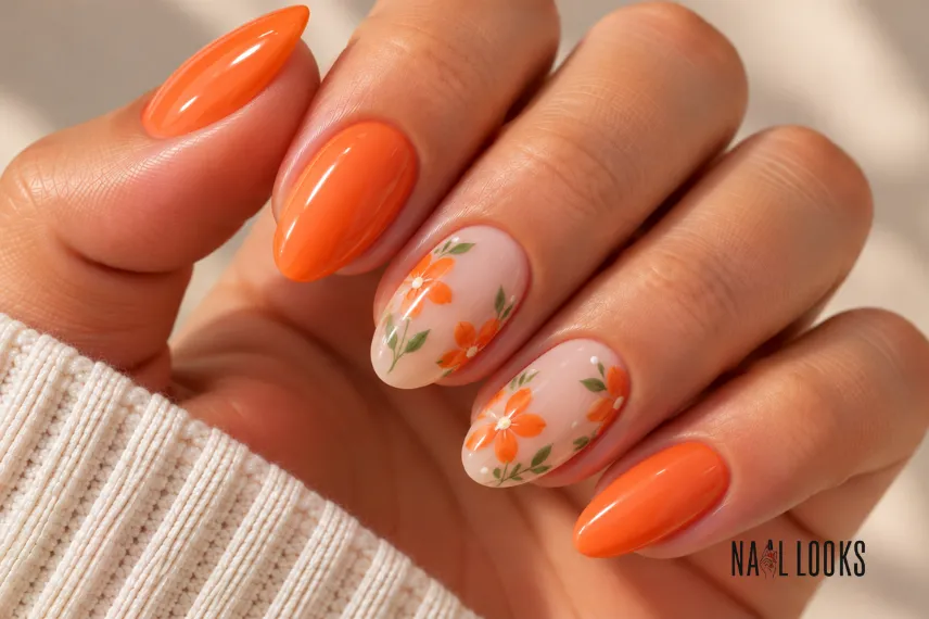 orange flower nail art
