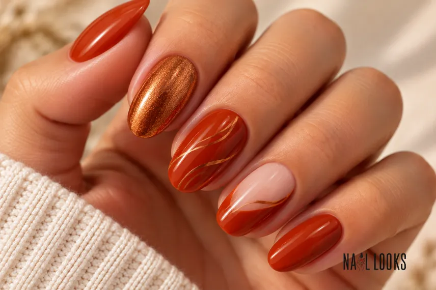 orange-red and copper nail design