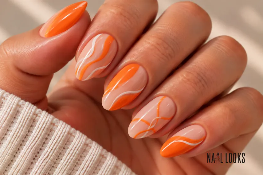 orange swirl and line art nails