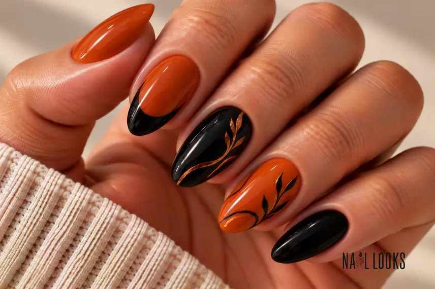 orange and black nail design