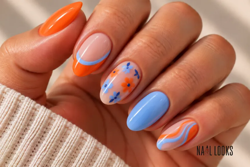 orange and blue nail design
