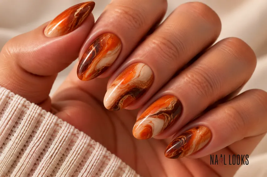 orange and brown marble nails