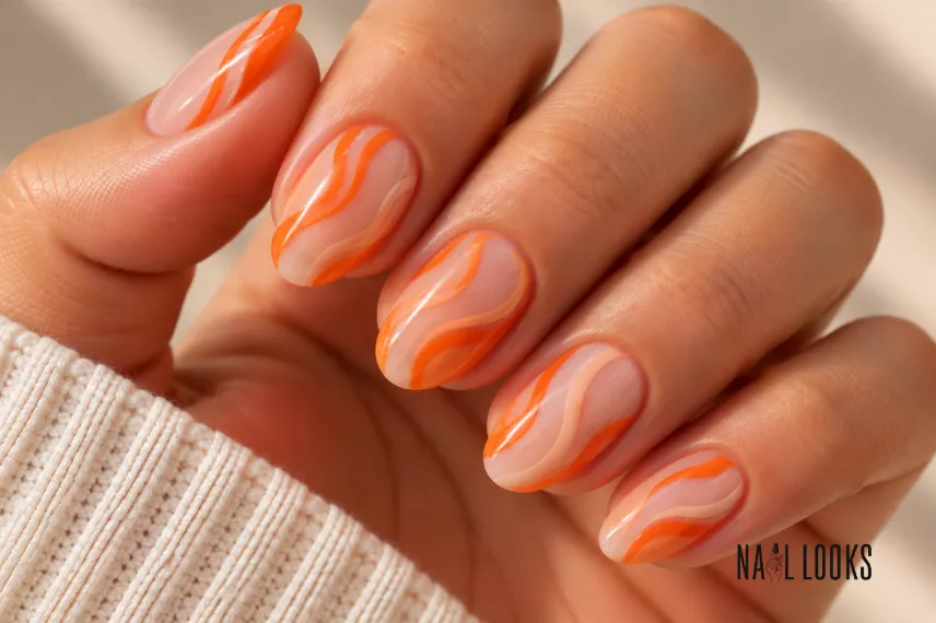 orange and nude swirl nail design
