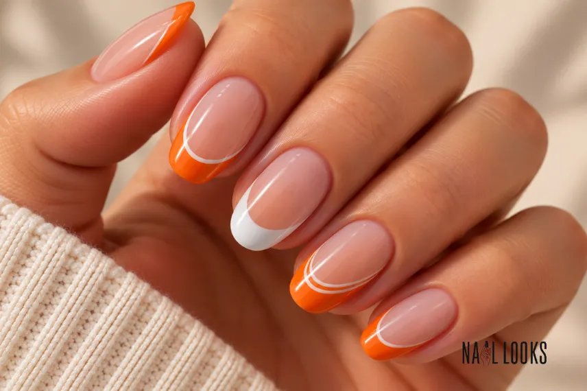 orange and white French tip nails