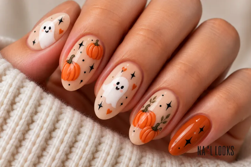 pumpkin and ghost nail design