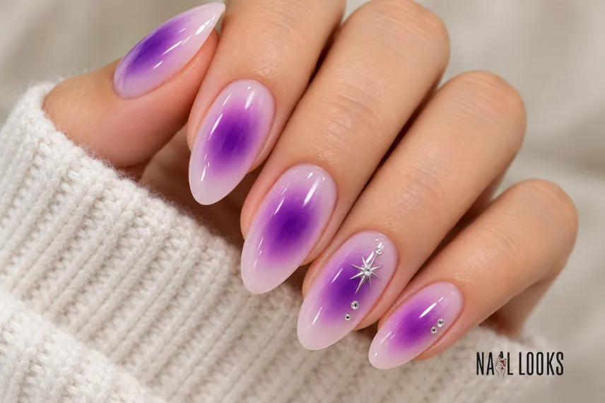 purple aura nails with lavender centre