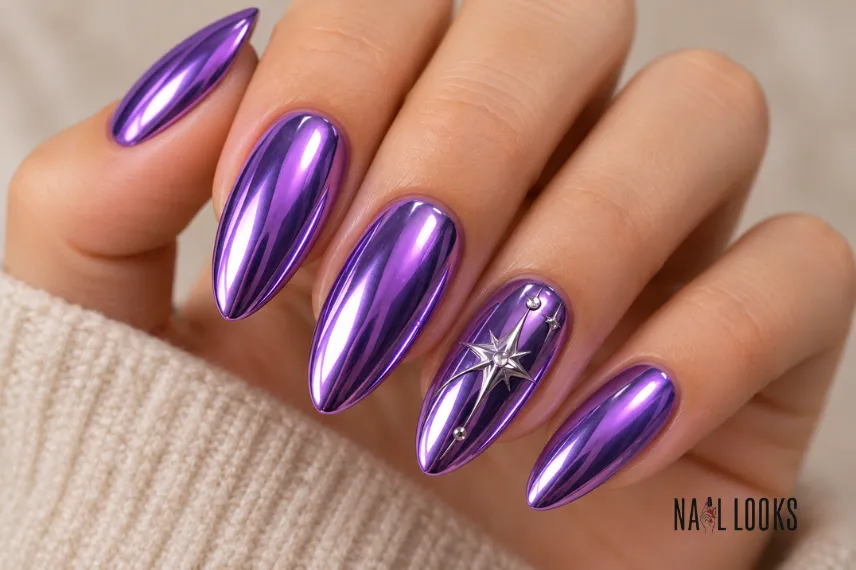 purple chrome nails inspired by Rumi