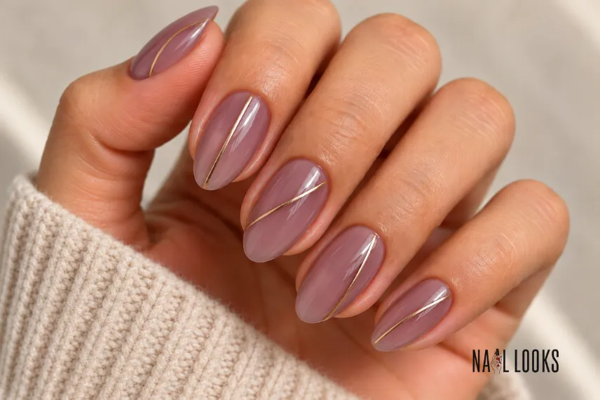 sheer mauve nails with bronze lines