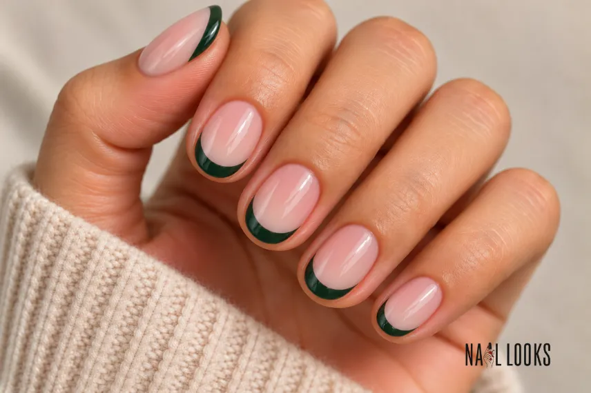 soft pink nails with green crescent details
