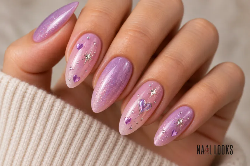 stars and hearts nail art on sheer pink