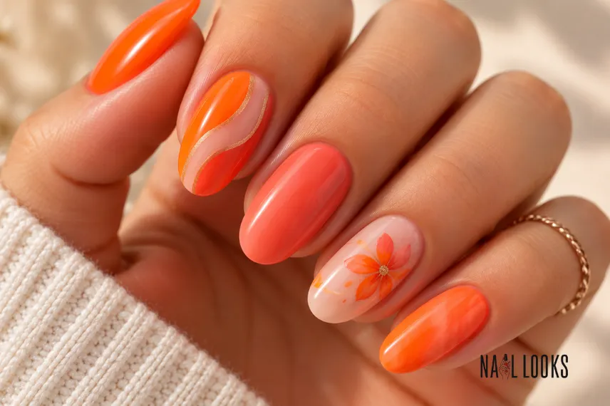 tangerine and coral nail design