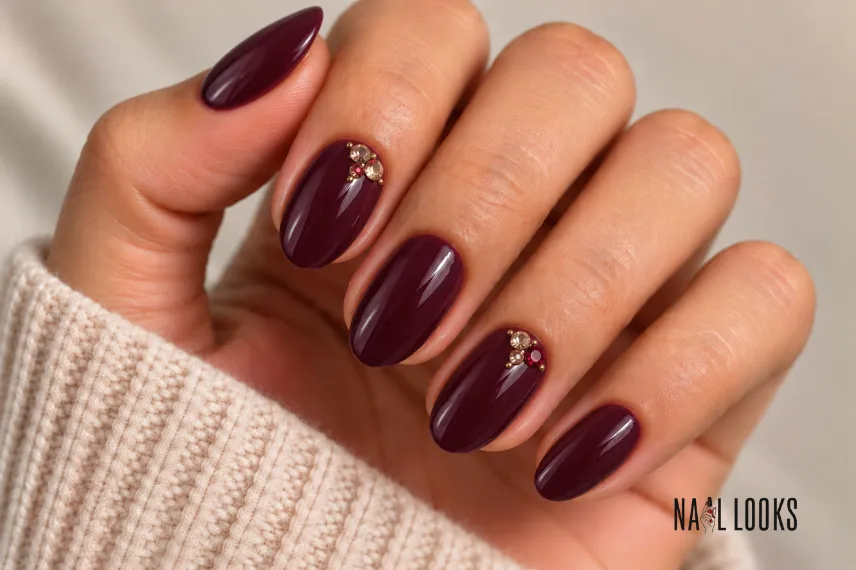 plum nails with tiny jewel clusters
