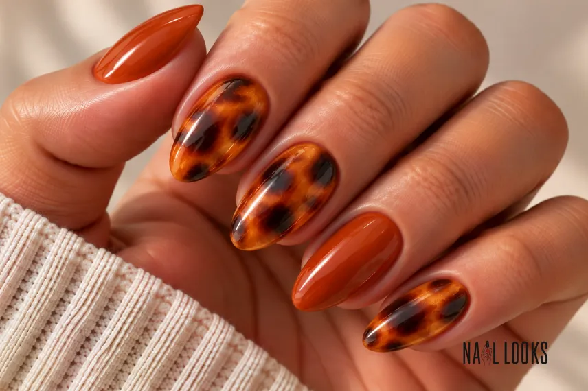 tortoiseshell nail design with orange