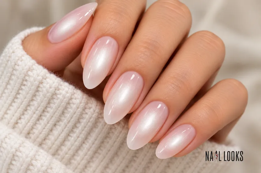 white aura nails on sheer pink base