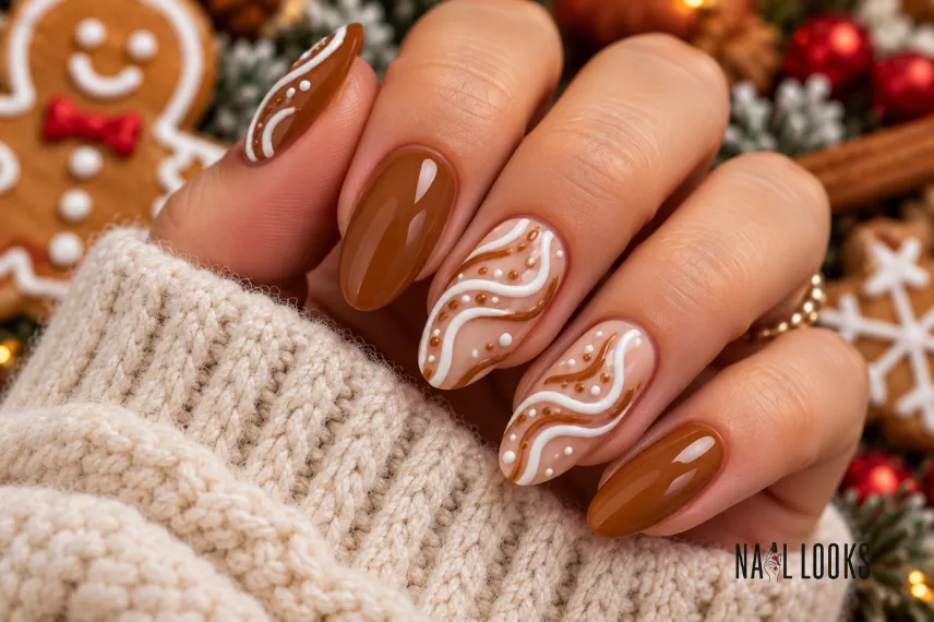 white icing swirl nails on cinnamon brown